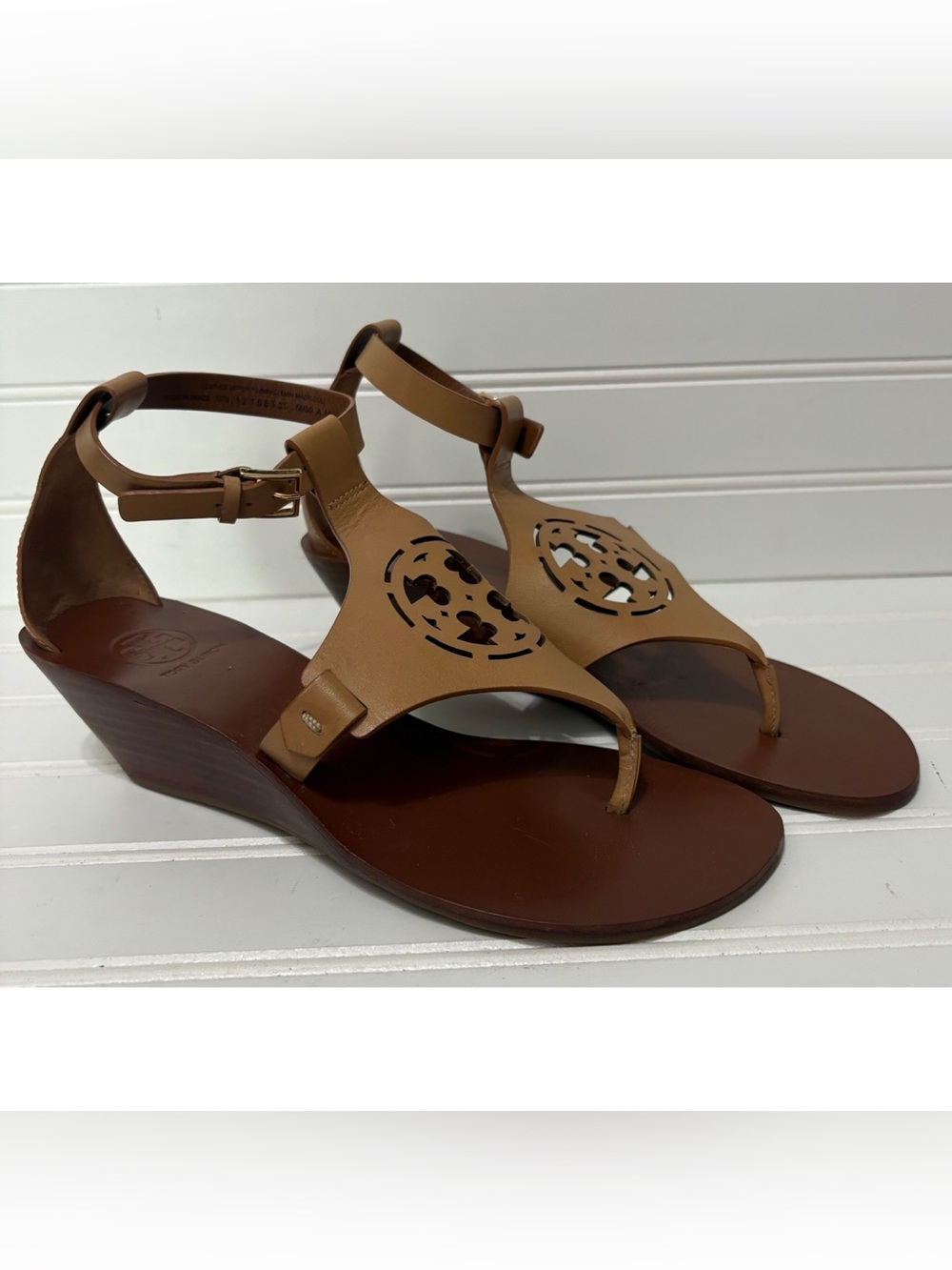 TORY BURCH Zoe Brown Leather Wedge Heel T Strap Sandals Shoes Womens Size 7 M